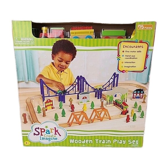 Spark Create Imagine Wooden Train Play Set, 75 Pieces +3 Train Tracks Figures - Picture 1 of 4